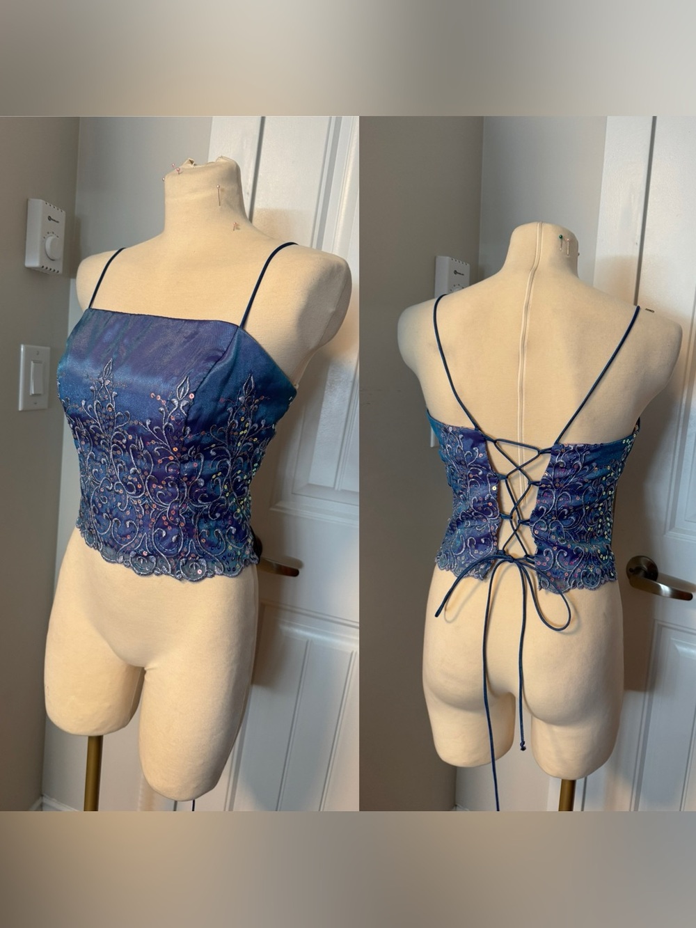 Vintage Dave & Johnny Blue Lace-Up Embroidered Spaghetti Strap top
